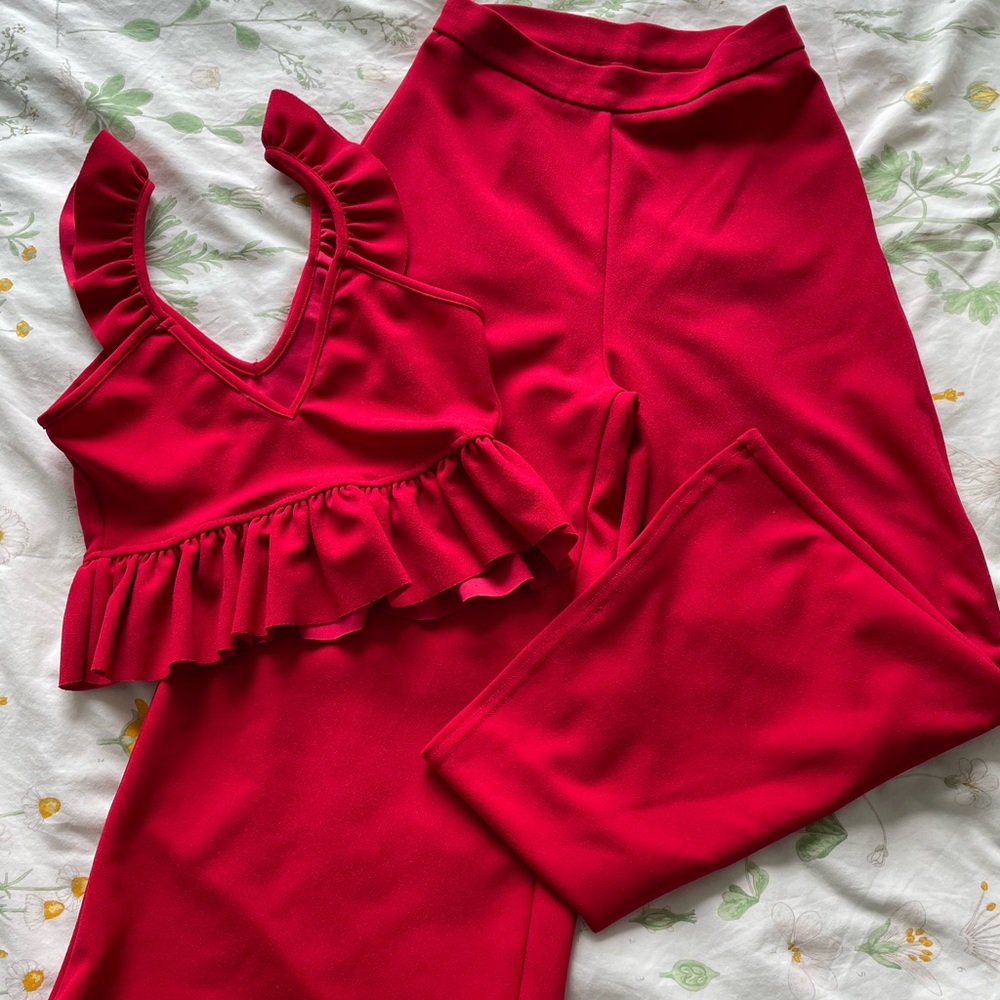 ASOS petite red cropped shirt and pants set
